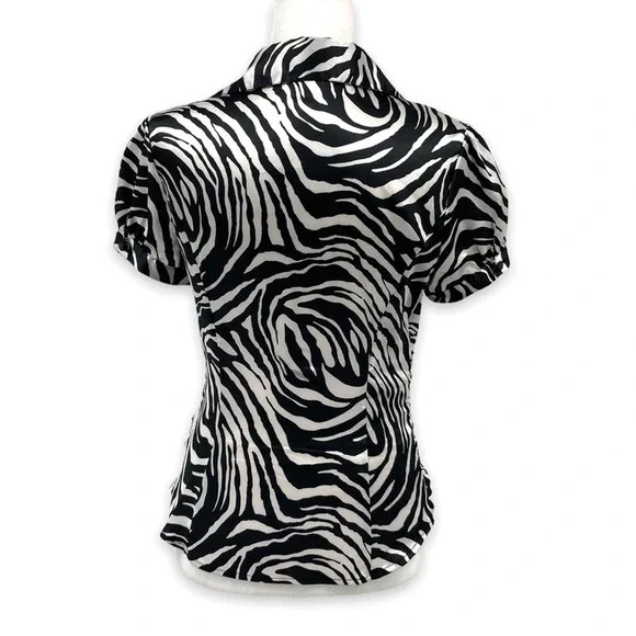 Guess Jeans Zebra Print Silky Short Sleeve Button Front Ruched Collared Blouse - Picture 5 of 14